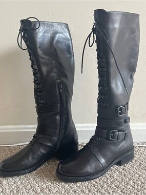 Stuart Weitzman Black Leather Lace-Up Knee-High Boots with Buckles